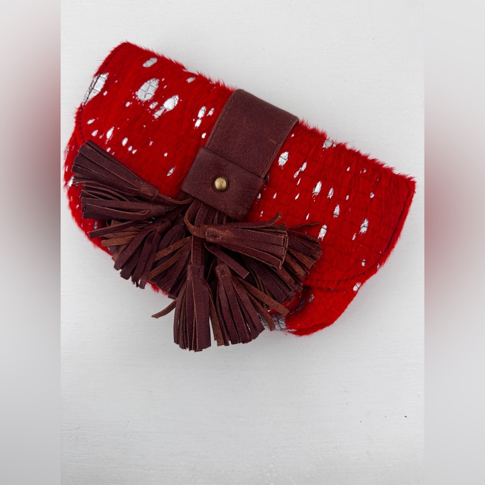 Vibrant Red Clutch with Brown Tassels